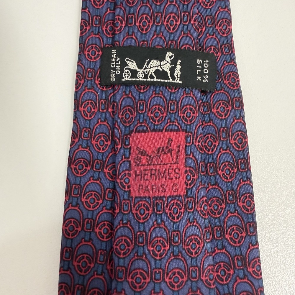 Hermes Men's Tie Geometric Equestrian Stirrups Navy/Red Silk 956 IA 3.25" x 56"